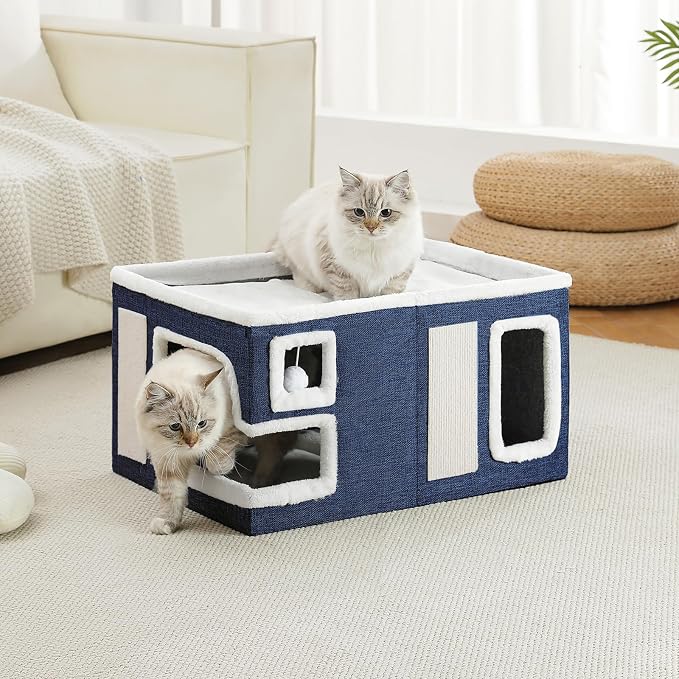 Large Cat Houses for Indoor Cats, Extra Wide Cat Cave Bed with Scratch Pad and Fluffy Ball, Foldable Cat Hideaway Condo for Large Cats, Modern Kitten Bed,23x16x13 inches (Blue, X-Large)