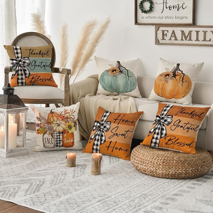 AVOIN colorlife Fall Pumpkin Home Sweet Home Throw Pillow Covers, 18 x 18 Inch Autumn Thankful Grateful Blessed Harvest Floral Orange Decorations for Sofa Couch Set of 4