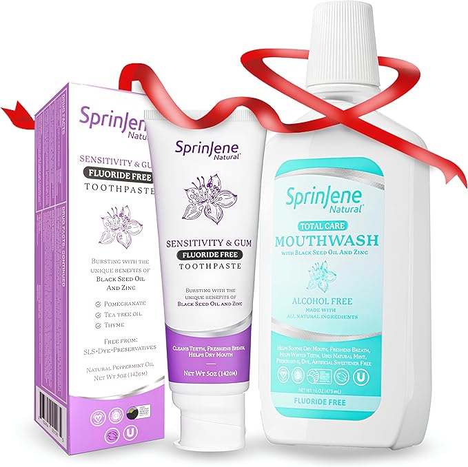 SprinJene Natural Sensitivity & Gum, Fluoride Free Toothpaste for Sensitive Teeth & Gum (1 Pack) + Fluoride Free & Alcohol Free Mouthwash