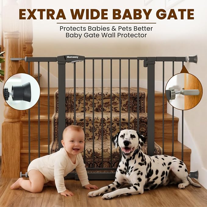Mumeasy 29.7-48" Baby Gate for Stairs, Pressure Mounted Dog Gate for Doorways, Extra Wide Walk Thru Safety Pet Gate for Doors with Auto Close, Easy Install Child Gate for Hallway Indoor House, Black