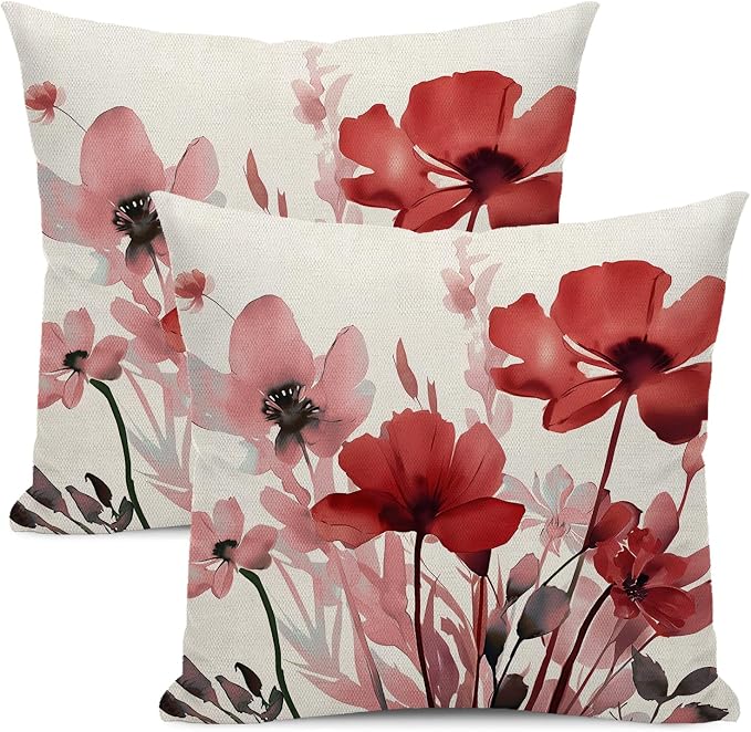 Spring Pillow Covers 18x18 Inches Set of 2 Pink Burgundy Red Floral Throw Pillow Covers Outdoor Rustic Summer Flower Decoration Pillowcase Farmhouse Decorative Cushion Cover For Home Sofa Couch