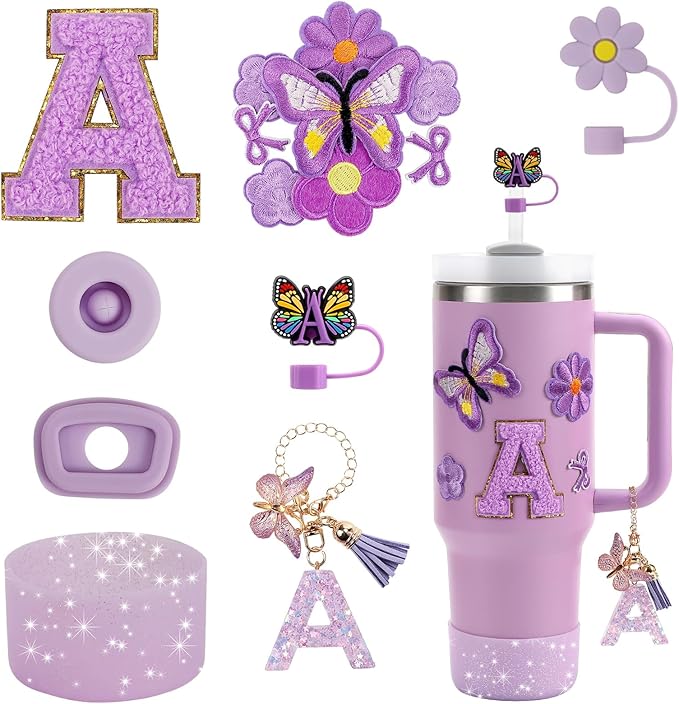 15PCS Cup Accessories Set for Stanley Cup 30oz 40oz Tumbler with Handle, Including Silicone Straw Cover and Boot, Spill Proof Stopper, Stanley Charms, Handle Charm, Initials Sticker