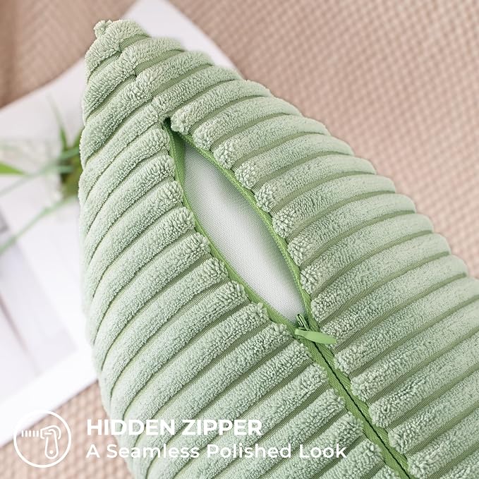 Mecatny Corduroy Decorative Throw Pillow Covers 12x20 Set of 2 Sage Green | Soft Striped Texture, Hidden Zipper Design, Neutral Boho Lumbar Pillow Cases for Sofa Couch Living Room Bedroom, Home Décor