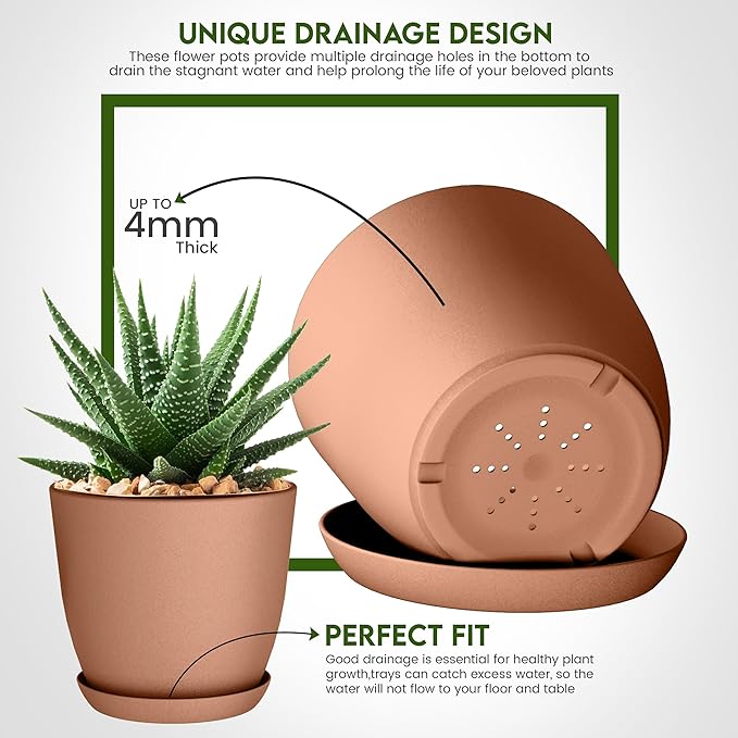 Plant Pots Indoor with Drainage, 5 Pack Multi-Size Planters Set, Terracotta | Drainage holes included Multiple sizes 7/6.6/6/5.3/4.8 In Indoor plants and flowers Durable plastic construction