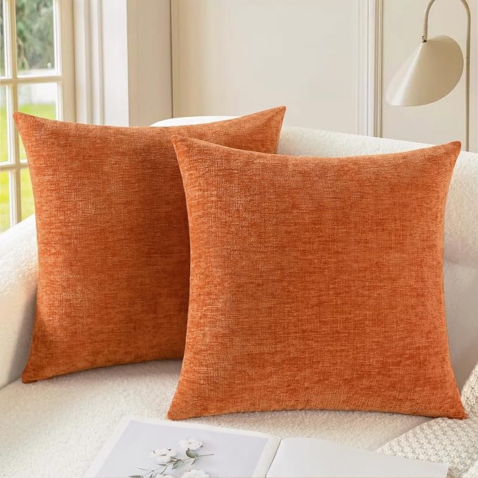 CaliTime Fall Decorative Throw Pillow Covers 18 X 18 Inches Burnt Orange | Pack of 2, Cozy Chenille Cushion Cases for Sofa Bed Living Room Farmhouse Home