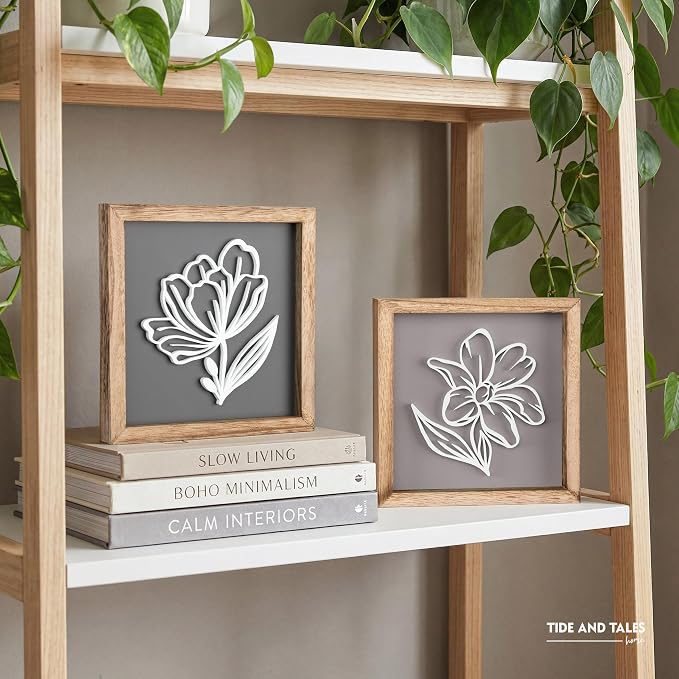 Tide and Tales 3D Botanical Floral Wall Art (Framed Set of 2) Ready-to-Hang Lightweight Boho Decor for Walls, Nature-Inspired Home Decorations with Natural Earthy Tones for Bedroom or Bathroom