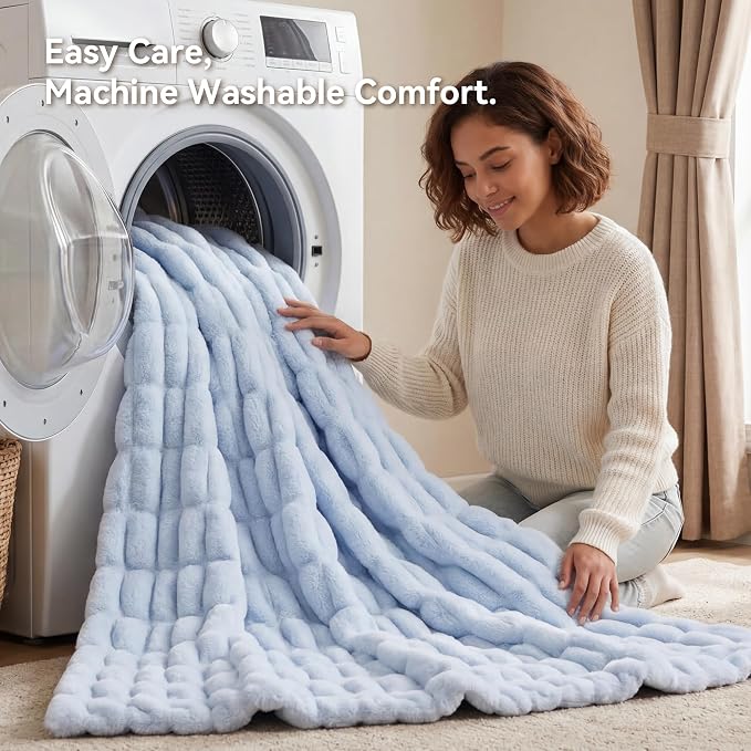 Light Blue Fluffy Blanket for Couch - Luxury Faux Rabbit Fur 60"x80" | Ultra Soft & Plush Comfort Ruched Blanket, Cozy Fuzzy Fleece Throw for Sofa, Bed & Office, Gift for Women, Blue Room Decor