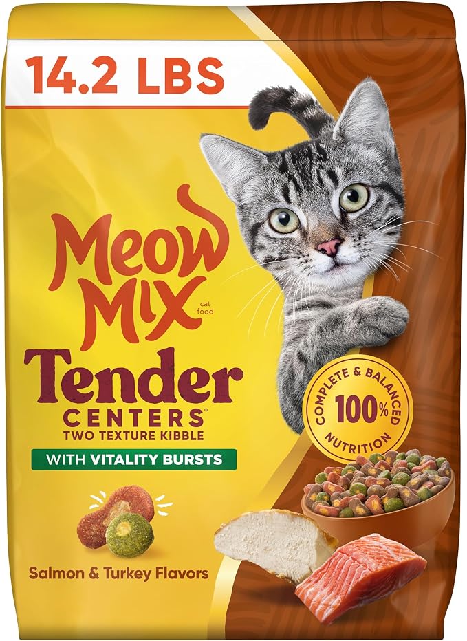 Meow Mix Tender Centers Vitality Bursts, Salmon & Turkey Flavor, Dry Cat Food, 14.2 lb. Bag | Dry cat food with two texture kibble, meaty center surrounded by a crunchy outer layer.