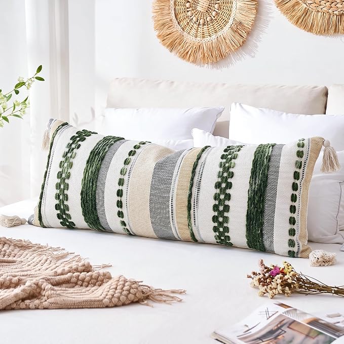 PANOD Boho Long Lumbar Throw Pillow Cover 16 x 36 Dark Green, Chenille Morocan Extra Long Pillow Case Cover, Decorative Long Pillow for Bed Couch Sofa Farmhouse