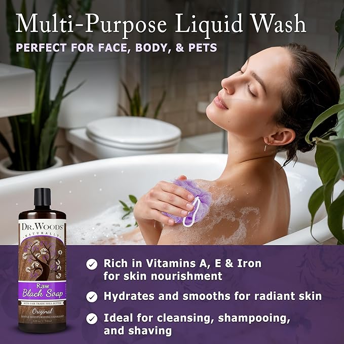 Dr. Woods Raw Liquid Black Soap -Made with Organic Shea Butter, Body Wash for Men and Women, Gentle Exfoliant, Natural Cleanser for Face, Hands, and Body - 32 Fl Oz