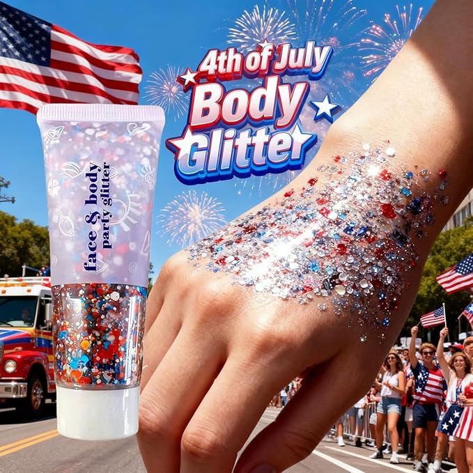 Red White and Blue Body Glitter,Patriotic Pride Hair Glitter for Kids,4th of July Accessories Outfits for Women Face Glitters Makeup Chunky Sequins,Fourth of July Accessories (Patriotic Themed)