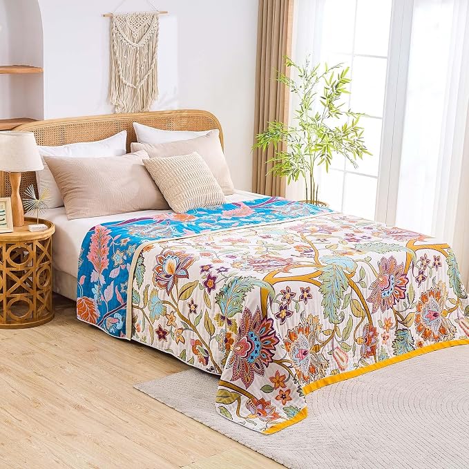 XIBLC Boho Throw Blanket for Bed, 100% Cotton Soft Rustic Quilt Fall Blanket, 90"x98" Floral Printed Farmhouse Decor Bed Blankets, All Season Rustic Reversible Bohemian Throw Quilt