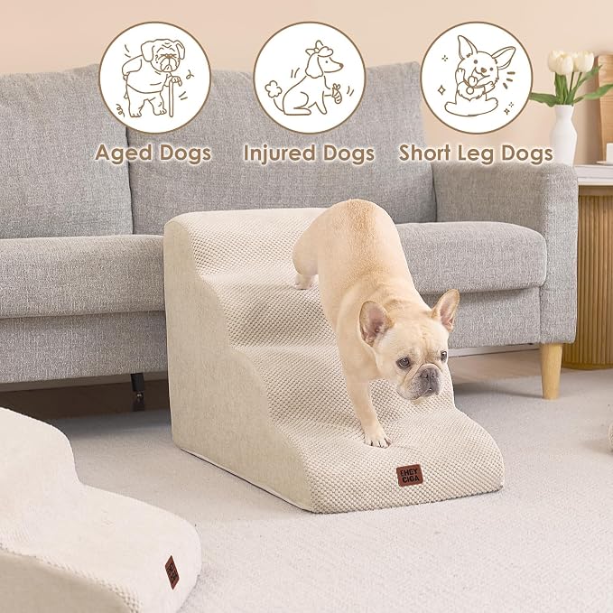 EHEYCIGA Curved Dog Stairs Ramp, 4-Step High Beds, 19.7" H Pet Step | 33D density of pure foam, for Small Dogs and Cats, Pet Stairs for High Bed Climbing, Non-Slip Balanced Indoor, Beige