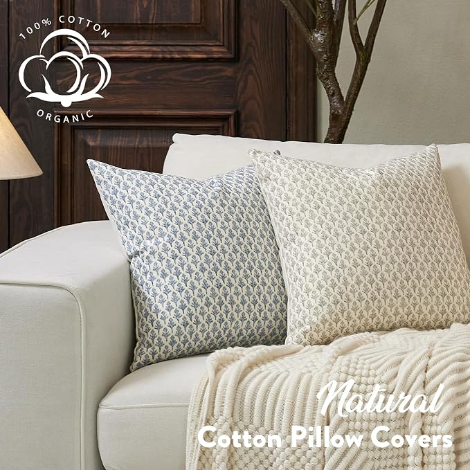 FIOUOVO Floral Pillow Covers 18x18 Pillow Cover Block Print Couch Pillows for Living Room Decorative Neutral Accent Throw Pillow Covers, 1PC, Aqua Blue