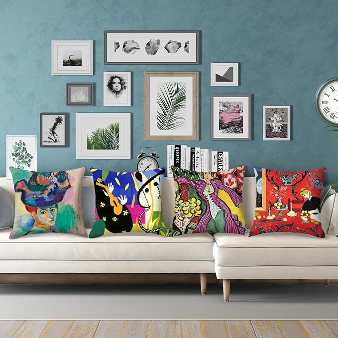 Matisse Pattern Throw Pillow Covers 18x18 inches Set of 4 Abstract Art Painting Pillow Cases Aesthetic Decorative Cushion Covers for Sofa Couch Living Room