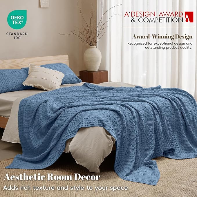 PHF 100% Cotton Waffle Weave Blanket King Size, Lightweight Breathable Summer Blanket for Hot Sleepers, Pre-Washed Soft Layer for Bed, Couch, Home Decor Gift, 108"x90", Denim Blue