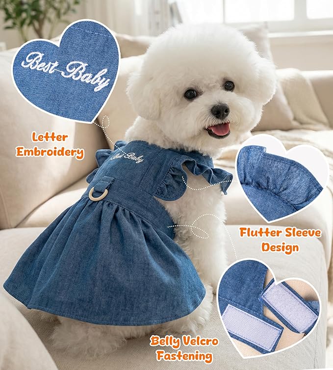 Denim Cat Dog Dress Clothes for Small Dogs with Leash Ring Summer Girl Small Dog Clothes Outfit Belly Velcro Fastening Cat Outfits&Apparel for Girl