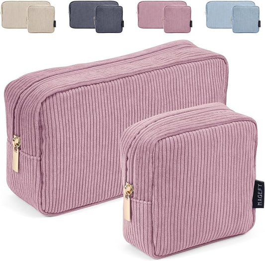 MAGEFY Small Makeup Bag for Purse Mini Cosmetics Bag Corduroy Cute Cosmetic Pouch for Women with Slip-in Pockets