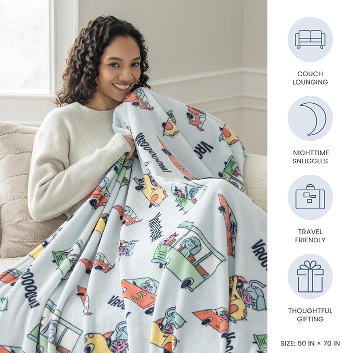 Berkshire Mo Willems® VelvetLoft® Throw Blanket - Super Soft Plush Elephant & Piggie Character Design - Cozy Home Decor, Elephant_Piggie Vroom Vroom, 50 in x 70 in(Official Mo Willems® Product)
