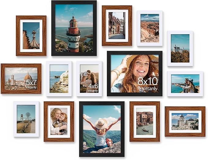 Vittanly 15 Pack Gallery Wall Frame Set, Black, Walnut Brown, White | Picture Frames Collage Wall Decor: 3pcs 8x10, 6pcs 5x7, 6pcs 4x6. Picture Frame Set for Wall or Tabletop Display
