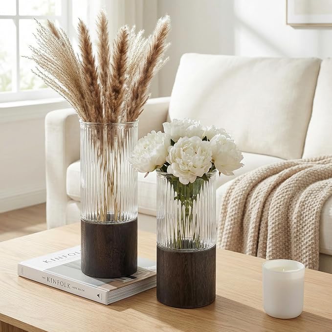 Ribbed Glass Flower Vase Set of 2 with Dark Wood Bases, 10 and 8 Inch Tall | Removable Glass Pieces, Wide-Opening Cylinder Vases for Bouquets, Fresh, Dried, Faux Stems, and Console, Shelf, Mantel Decor