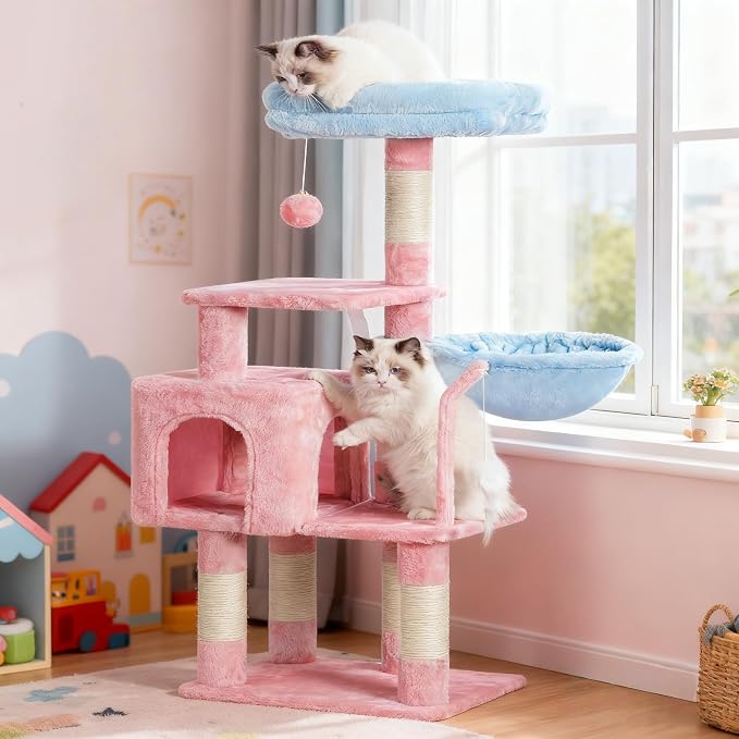 Heybly Cat Tree with Toy, 43.3 inch Cat Tower condo for Indoor Cats, Cat House with Padded Plush Perch, Cozy Hammock and Sisal Scratching Posts, Blue and Pink HCT004SBP