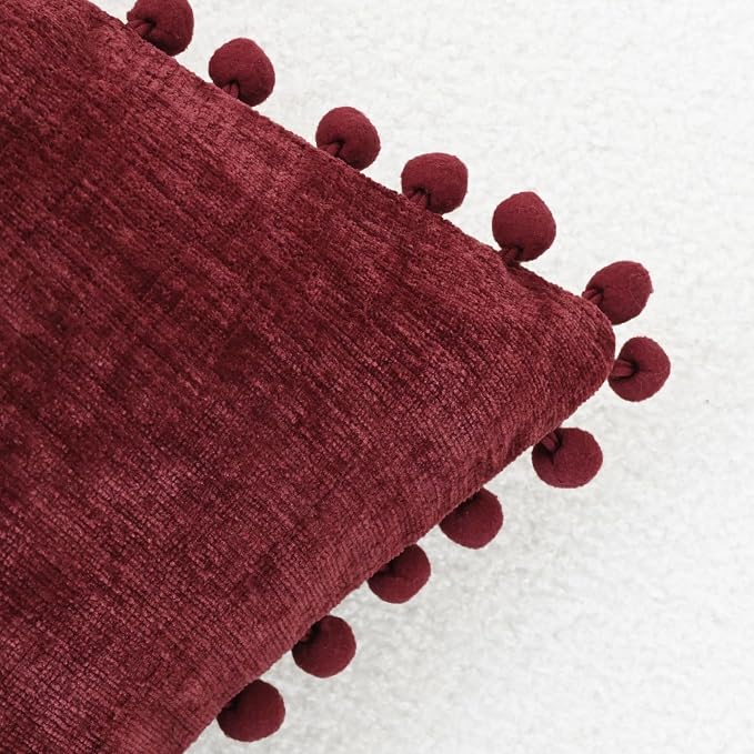 CaliTime Decorative Couch Throw Pillow Covers 18 X 18 Inches Burgundy | Pack of 2, Cozy Chenille Cushion Cases, with Pom Poms for Sofa Bed Living Room Farmhouse Home