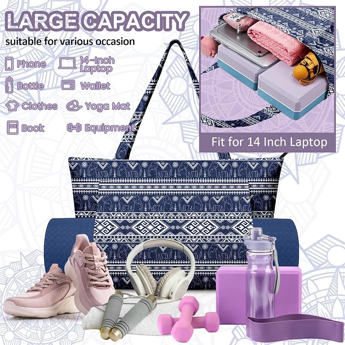 Yoga Bag for Women, Large Canvas Yoga Mat Tote Bag with Yoga Mat Carrier - Large Mat Pocket Fitness Tote for Pilates, Gym, Travel, Office & Beach