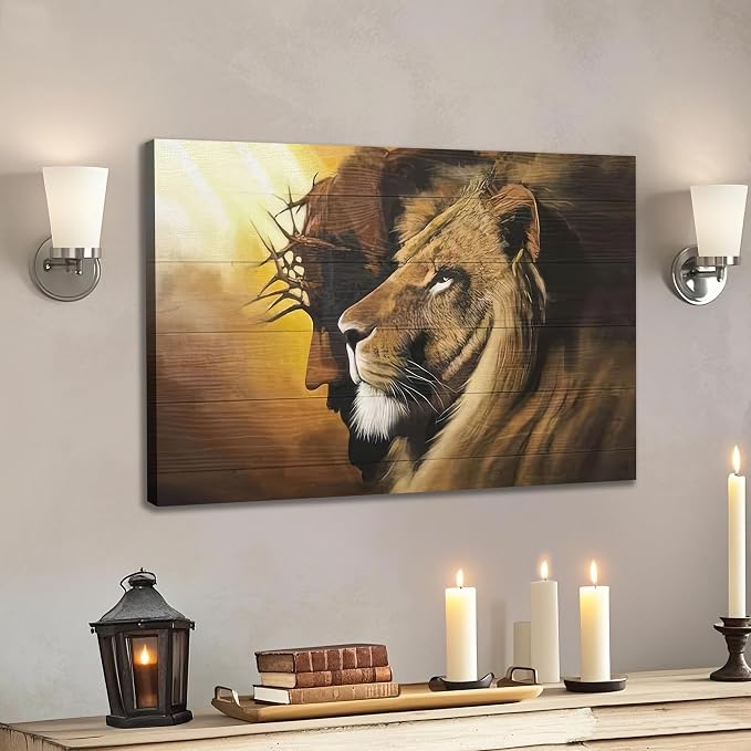 Fantasy Artists Framed Jesus Christ Canvas Wall Art The Lion of Judah Christian Painting Prints Biblical Wall Decor Religious Room Decor for Church Prayer Room Christian Schools Hospitals 12" x 16"
