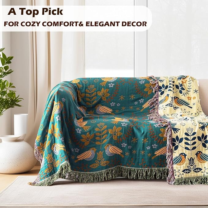 VANJOROY Boho Throw Blanket, 100% Organic Cotton Breathable Ultra Soft 80" x 90" Bed Quilt Throw - Floral Rustic Bird Farmhouse Decor Luxury Reversible Blanket for Sofa Couch Chair and Gift,Teal/Beige