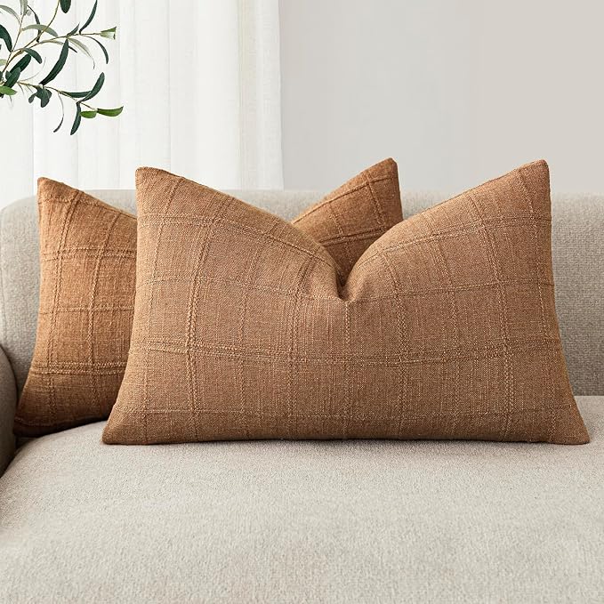 Foindtower Set of 2 Decorative Linen Check Throw Pillow Covers Neutral Farmhouse Lumbar Cushion Covers Modern Boho Home Decor for Sofa Chair Couch Bedroom Living Room,12×24 Inch,Brick