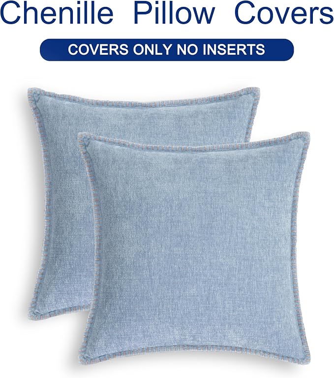 CaliTime Decorative Couch Throw Pillow Covers 20 X 20 Inches Baby Blue | Pack of 2, Cozy Chenille Cushion Cases, Cotton Thread Stitching Edges, for Sofa Bed Living Room Farmhouse