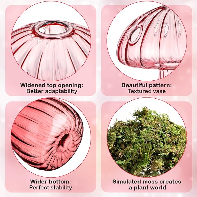 7 Pcs Glass Mushroom Vase Propagation Station with Hydroponic Plant and Artificial Fake Moss 6 Colored Plant Vase Table Centerpiece Decor for Forest Birthday Wedding Party Decoration (Pink)
