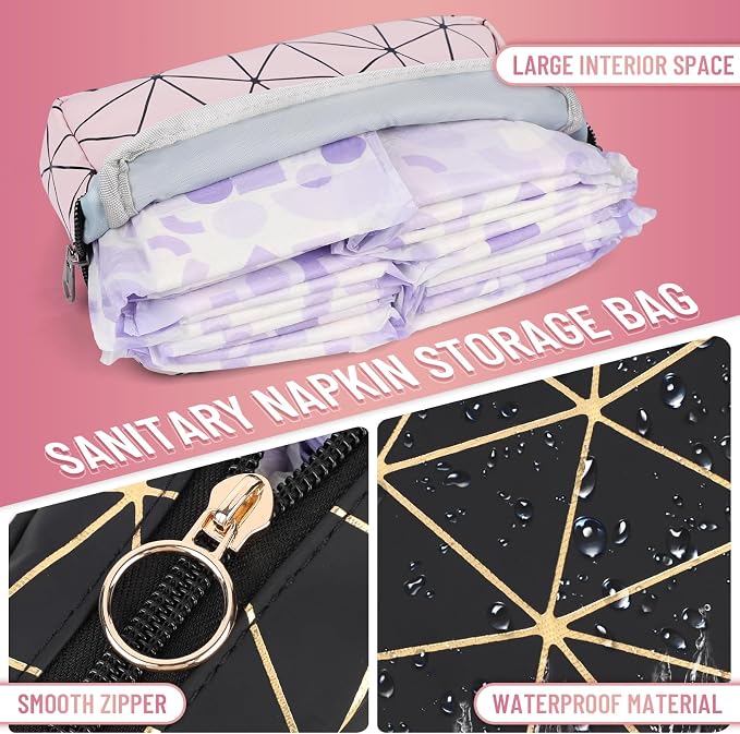 Tampon Holder for Purse Period Bag Waterproof Geometric PU Sanitary Napkin Storage Bag Portable Menstrual Cup Pad Pouch Cute Makeup Bag Feminine Gift Black Gold