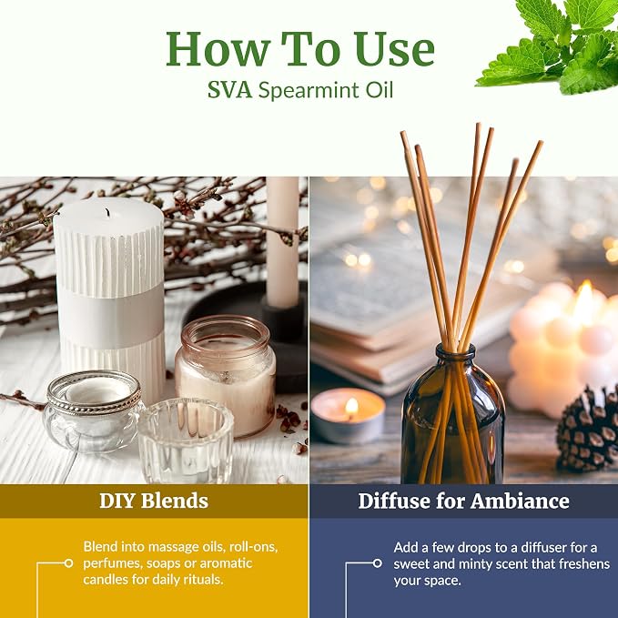 SVA Spearmint Essential Oil 4 Fl Oz – for Diffuser, Skin & Hair Care – Ideal for Massage & DIY Blends - with Dropper