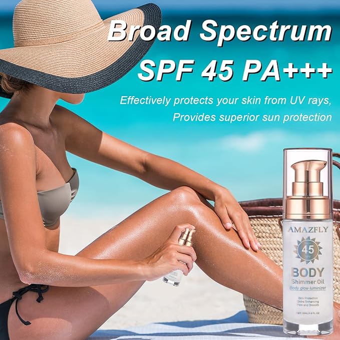 Shimmer Body Oil, SPF 45 Broad Spectrum, Sunscreen Face and Liquid Luminizer Waterproof Moisturizing, Light Shimmer Glow Illuminator, Smooth Body Highlighter Makeup (#02 Diamond Platinum)