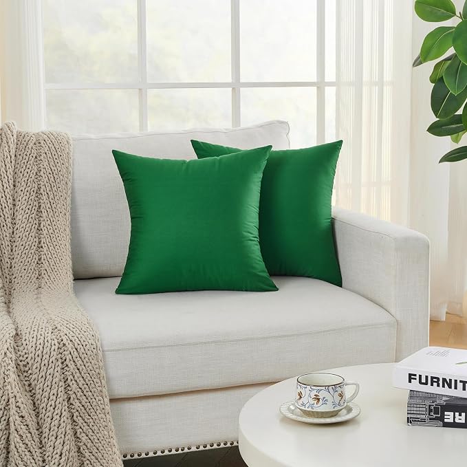 Longhui bedding Green Throw Pillow Inserts 18x18 Set of 2, 100% Cotton Cover with Polyester Fill, 2-in-1 Use as Stuffers or Standalone Decor for Couch, Bed, Living Room, Outdoor