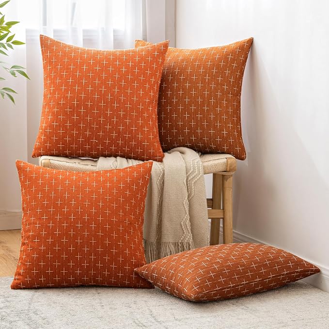 MIULEE Pack of 2 Decorative Burlap Linen Throw Pillow Covers Modern Farmhouse Pillowcase Rustic Woven Textured Cushion Cover for Sofa Couch Bed 18x18 Inch Rust