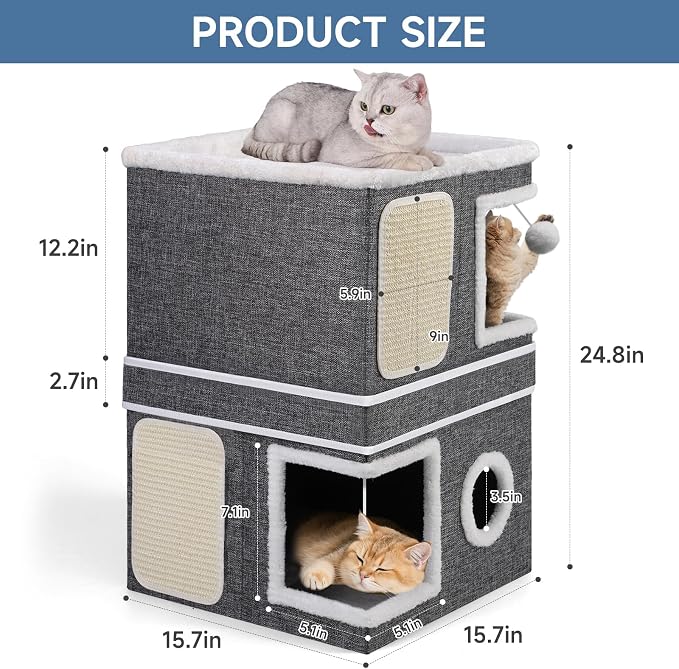Shikha 2 Story Cat House beds for Indoor Cats with Scratch Pads Grey | 2 in 1 Dual Use Double Cat Bed Cave for Multiple Pets Kitten, Elevated Perch for a Wide View, All Season Reversible Cushion