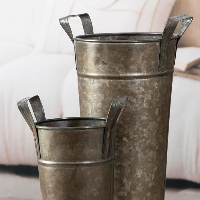 Galvanized Metal Floral Vases with Handles Set of 2 (Charcoal)