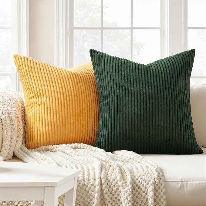 Topfinel Boho Farmhouse Green Rust Striped Pillow Covers 24x24 Set of 4 Mordern Nordic Soft Corduroy Cushion Covers Fall Home Decor for Couch Bed Sofa Living Room Forest Green