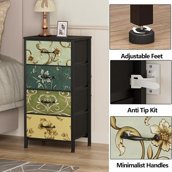4 Drawer Dresser, Vintage Nightstand, Fabric Chest of Drawers | Vertical Dresser for Bedroom, Storage Tower Units with Fabric Drawers, Small Dressers for Closet, Retro Style, Wooden Top
