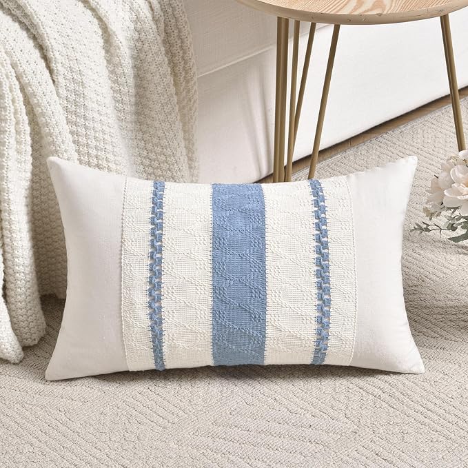 Fancy Homi Set of 1 Boho Light Blue Lumbar Decorative Throw Pillow Cover 12x20 Inch for Couch Bed Sofa Chair, Modern Organic Farmhouse Home Decor, Soft Cotton Cute Accent Rectangle Cushion Case