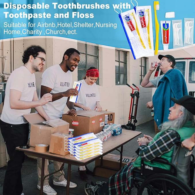 Xuezoioy 100 pcs Disposable Toothbrushes with Toothpaste and Floss Set,Yellow Individually Wrapped Bulk Single Use Toothbrush Floss Cover Travel Toothbrushes Kit with Zip Bag for Homeless,Hotel,Guest
