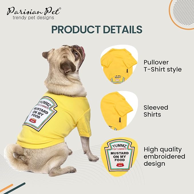 Parisian Pet Dog Costume - 100% Cotton Yellow Dog Clothes for Large Dogs - Lightweight Puppy Outfits - Funny French Bulldog Clothes - Sleeved Mustard Shirt for Dogs - Stretchy Pet Costume