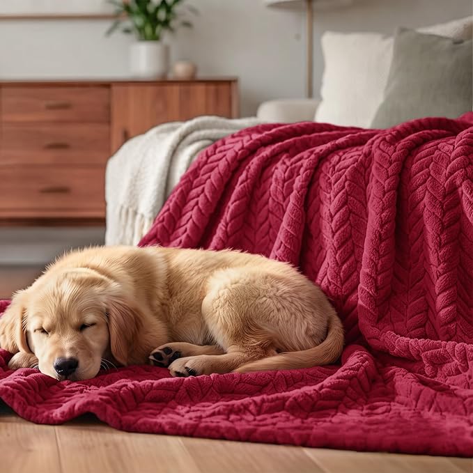 Exclusivo Mezcla Fleece Throw Blanket for Couch Sofa, 50”x70”, Deep Red | Oversized Soft Cozy Fluffy Blankets for Summer, Decorative Plush Flannel Throws for Living room, Bedroom with Leaves Pattern