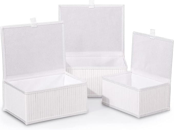 Honygebia Bamboo Decorative Storage Boxes - Set of 3 Woven Lined Storage Basket with Lids, White Wicker Lidded Baskets for Home Kitchen Shelf Organizer Decor
