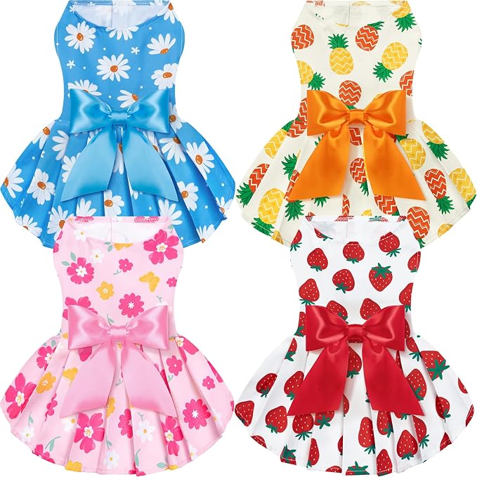 XPUDAC 4 Pack Floral Dog Dress for Small Dogs Girl, Cute Puppy Dresses with Bowknot, Sweet Dog Skirt, Breathable Lightweight Summer Pet Clothes for Holiday Birthday Party, XXS