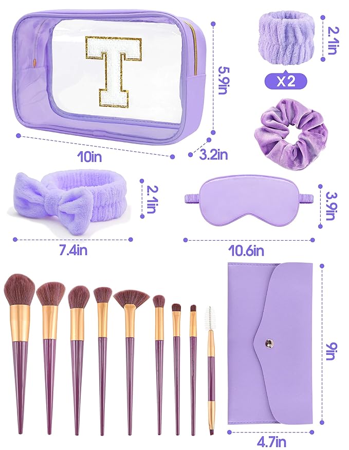 Gift Sets for Women, Initial Makeup Bag with Makeup Brush Set Bachelorette Party Favors, Purple Spa Kit with Skincare Headbands Wrist Bands Sleepover Party Supplies Gifts for Teen Girls Bridesmaid T