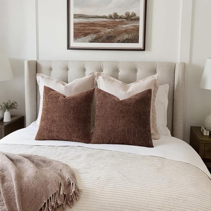 MIULEE Textured Chenille Throw Pillow Covers 22x22 Inch Red Brown | Pack of 2 Decorative Soft Throw Pillows, Solid Textured Cushion Covers, Modern Home Decor for Couch Sofa Bedroom Living Room